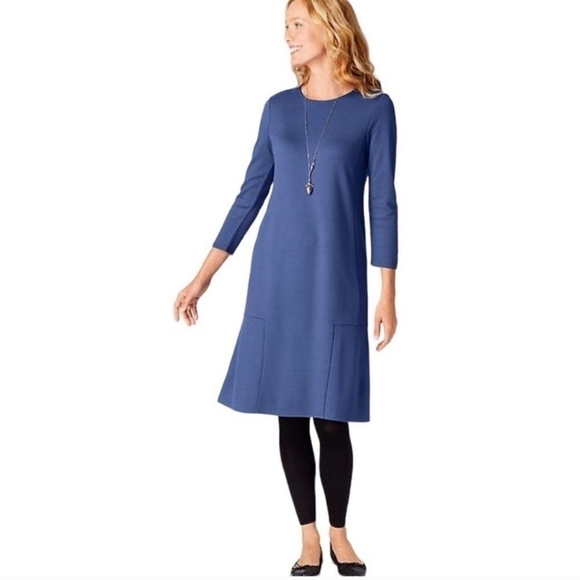 J. Jill Crew Neck 3/4 Sleeve Seamed Ponte Knit Sheath Dress in Blue - Size L - Picture 1 of 12